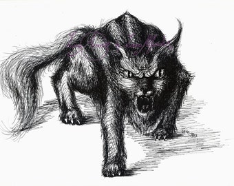 Fine art A4 Fine-liner pen Drawing cat monster "On the prowl" ORIGINAL Artwork by Luna Amoris