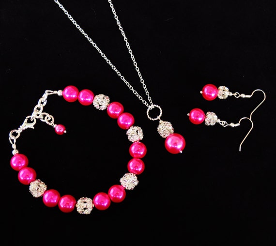 HOT PINK Bridesmaid Jewelry Bridesmaid Jewelry Set PINK