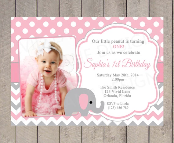 Items similar to Girl First Birthday Invitation, Elephant, Girl ...