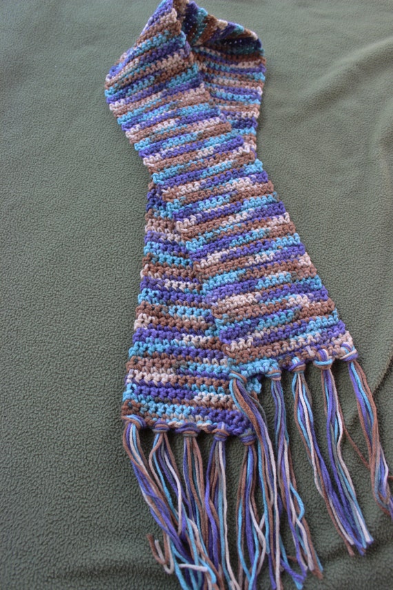 Hand crocheted scarf in soft variegated yarn in shades of