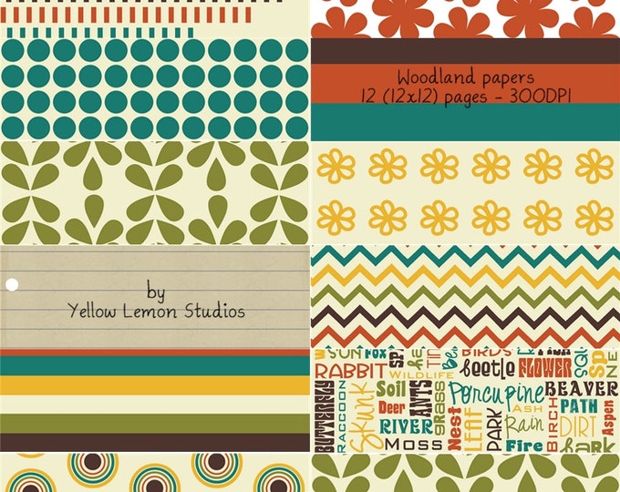 Woodland Digital papers "VINTAGE WOODS" nature, forest, brown, yellow, orange, cream, turquoise, vintage writing paper, lined paper