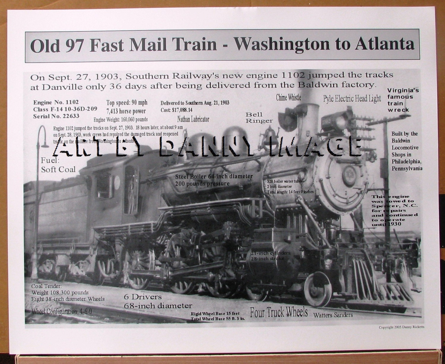 OLD 97 Fast MAIL TRAIN Poster 1903 wreck song 20x16 inches