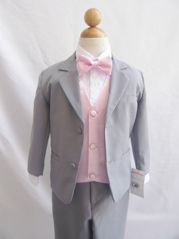 Formal Boy Suit Gray with Pink Light Vest for Toddler Baby Ring Bearer Easter Communion Bow Tie Size 2, 3, 4