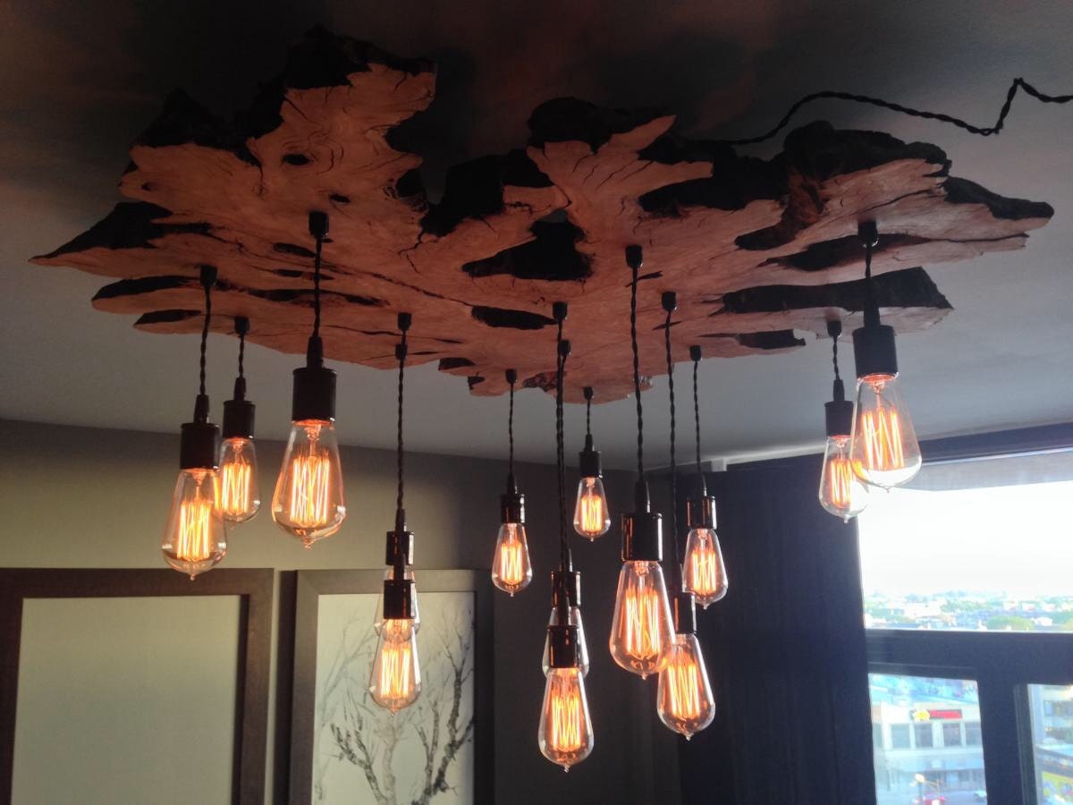 Customized Large Live Edge Slab Light Fixture with Edison