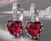 Vintage Artistic Heart-Shaped Red Heart 18k White Gold Filled garnet hoop earrings