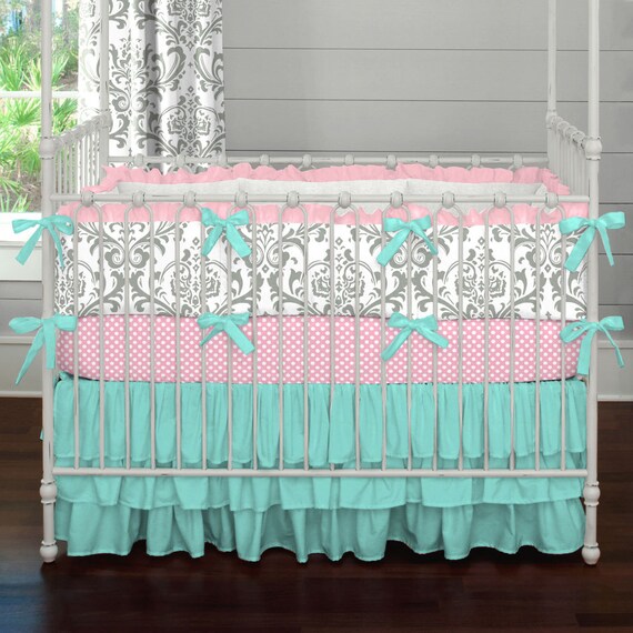 Girl Baby Crib Bedding Gray and Teal by