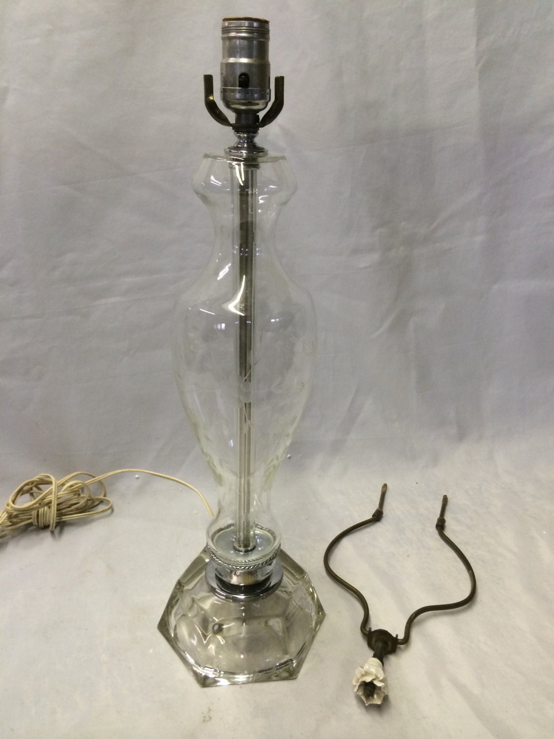 Vintage Etched Crystal Glass Table Lamp 33 tall by Cosaslighting