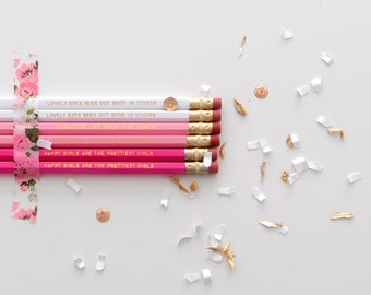 The Original Audrey Hepburn Happy Girls are the Prettiest Girls Ombre Pink Pencils with Gold Foil Text