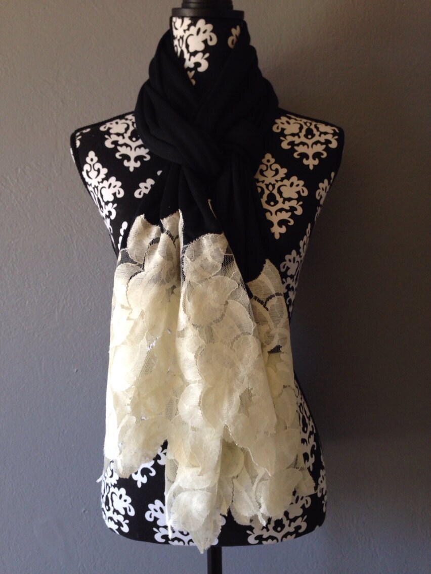 Black scarf with cream lace by HeartAndThread on Etsy