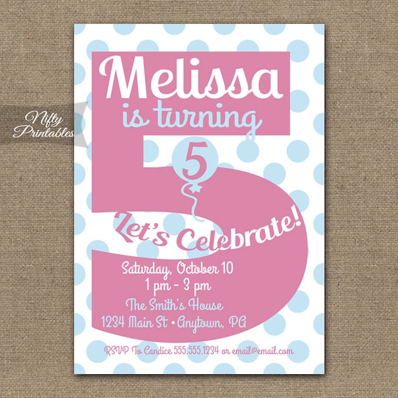 5th Birthday Invitations Printable Fifth Birthday Invitation