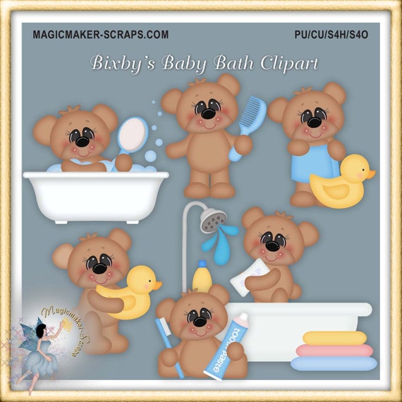 Baby Boy Teddy Bear Bath Clipart