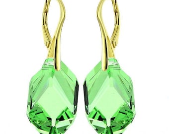 14k Gold Over 925 Sterling Silver Cubist Swarovski Crystal Leverback Earrings