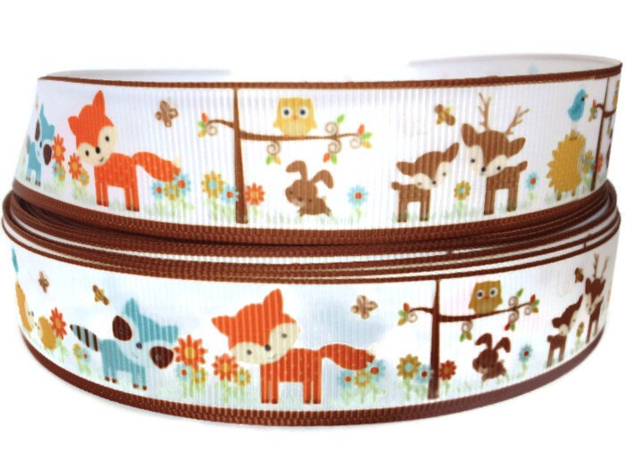 7/8 Inch Grosgrain Fox Woodland Animals Ribbon By The Yard