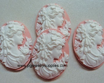 25mm x 18mm Vintage Ringlet hair lady profile cameos white on pink 4 l