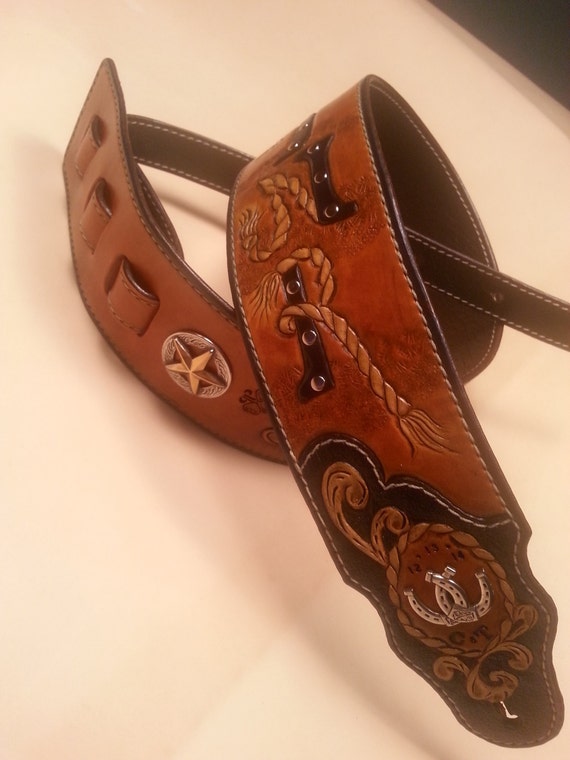 Western Style LEATHER GUITAR STRAP Functional by clbLeatherDesign