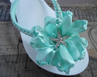 Mint wedding flip flops - beach wedding shoes - Mint bridal flip flops ...