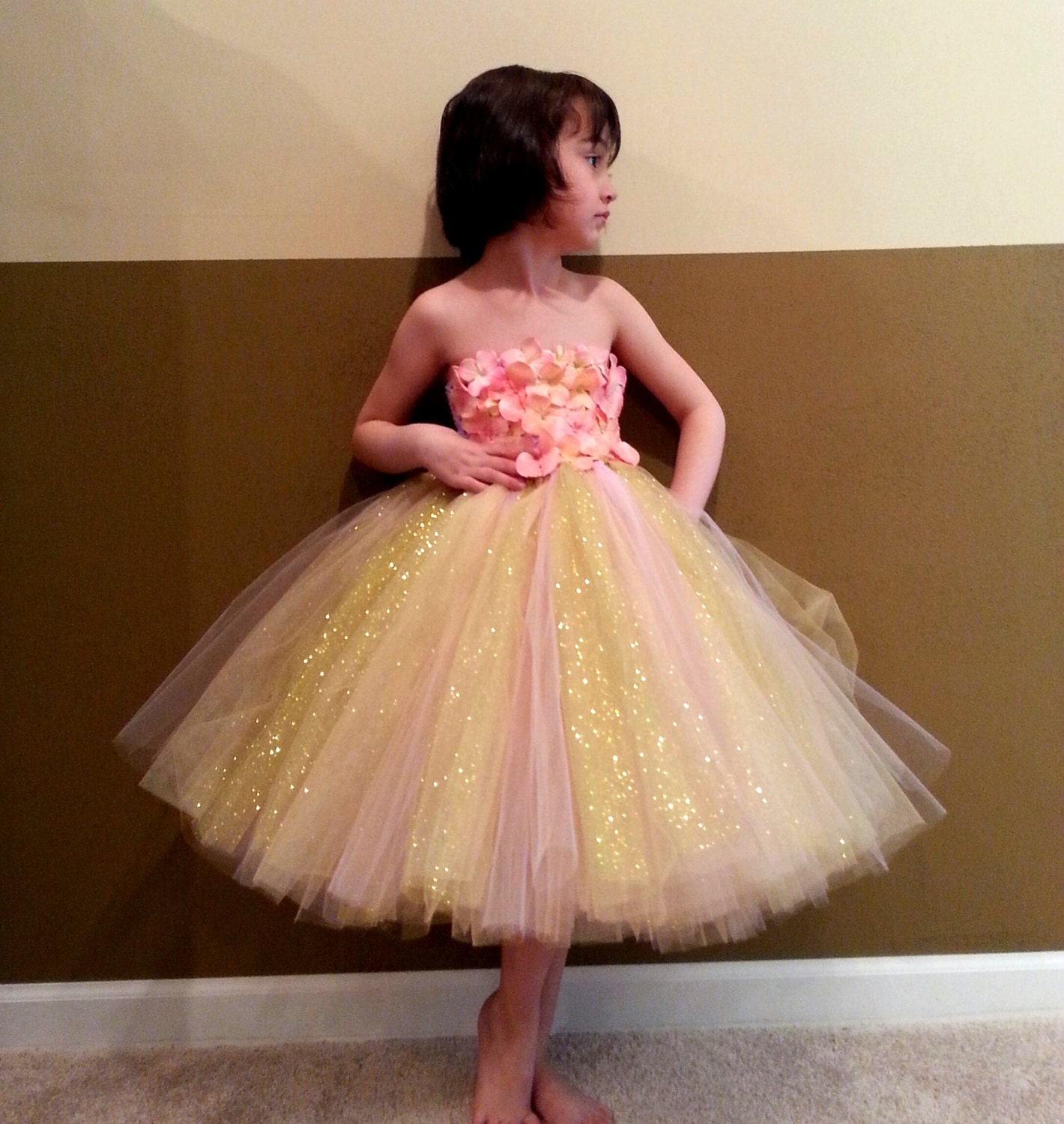 Gold and pink flower girl dress/ Junior by LisasThreads on Etsy