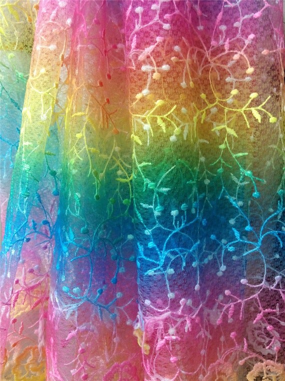 Items similar to Rainbow fabric, Rainbow Lace, Branch Embroidered tulle