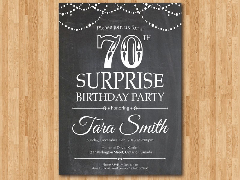 Surprise 70th birthday invitation. Chalkboard Surprise