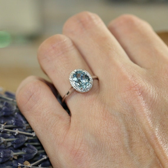 Halo Diamond and Aquamarine Engagement Ring in 14k by LaMoreDesign