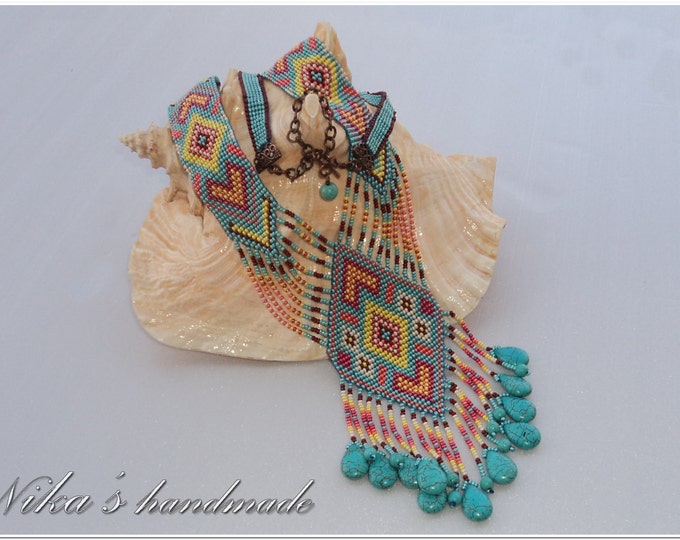 Ethnic woven beaded necklace Gerdan with turquoise and national Ukrainian pattern in traditional Ukrainian colors, MADE TO ORDER