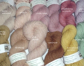 50g skein of organic wool yarn, DK thickness, gently plant-dyed, from our flock of Herefordshire Lleyn sheep.