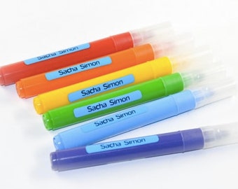 60 small personalized name labels for your kids. Dishwasher safe name stickers for camp, school, kindergarten and daycare. Weather-proof.