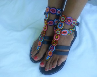 African Gladiators Leather Sandals Flip-Flops- Beaded African Colours ...