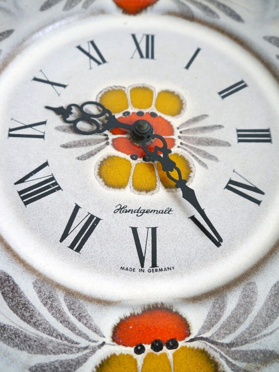 Vintage Ceramic Wall Clock Handpainted in Germany by Berlinattic