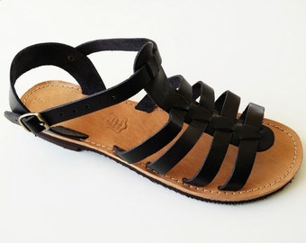 Women Gladiator Black Leather Sandals - Handmade Gladiator Sandal - Greek Sandals