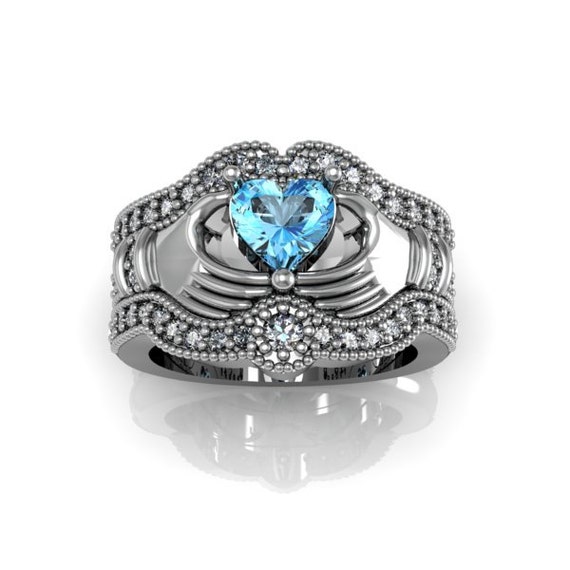 Claddagh Ring Sterling Silver Blue Topaz by Majesticjewelry99