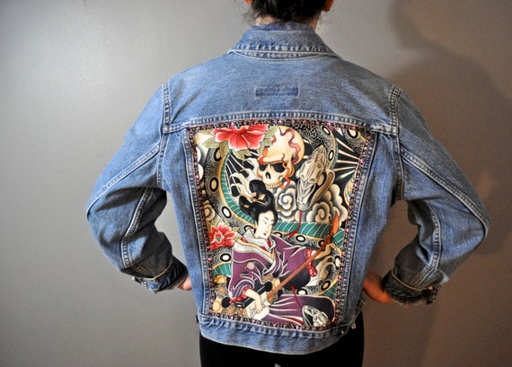 Items similar to Funky Japanese skull print Levi's denim upcycled ...