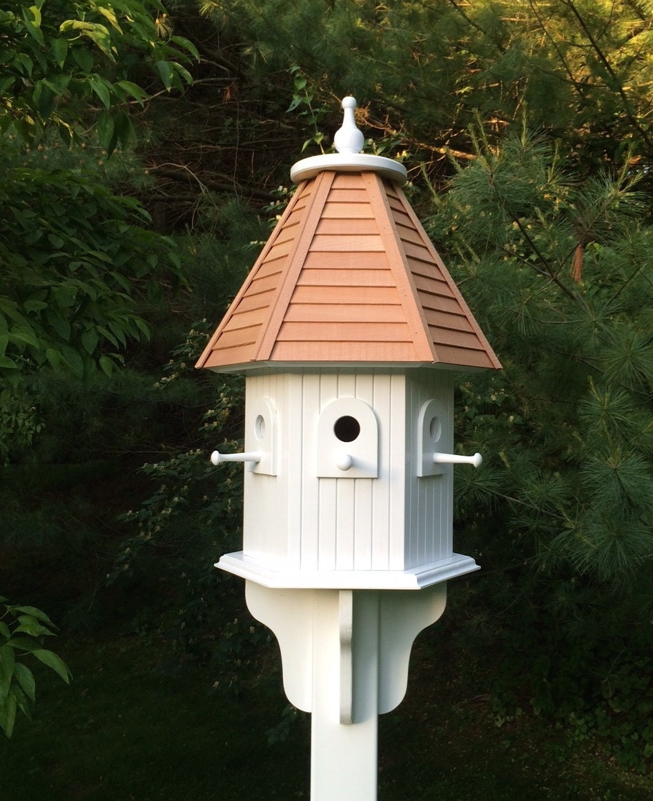 Large outdoor Hexagon Birdhouse with hand cut cedar clapboard