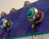 Necklace holder wall rack reclaimed pallet wood in plum purple and indigo hues with sea green edges with 3 hand-painted knobs and backings