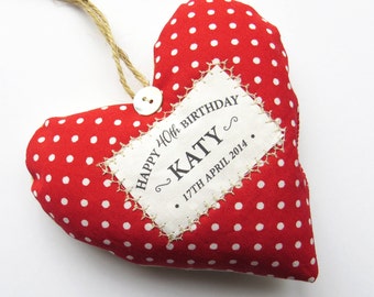 Personalised 40th Birthday Age Gift - Fabric Heart Produced in Your Choice of Fabric. Supplied Gift Boxed