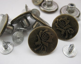 6 Metal Jeans Buttons 17mm (5/8" inch) Rose Flower Denim Jeans Tacks Buttons Hammer On