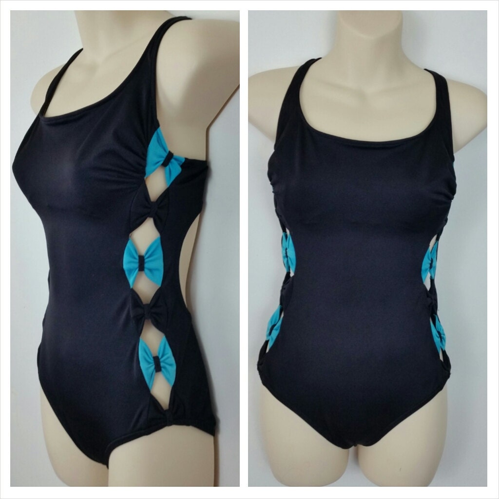 1980s Black One-piece Swimsuit Bathingsuit with Teal