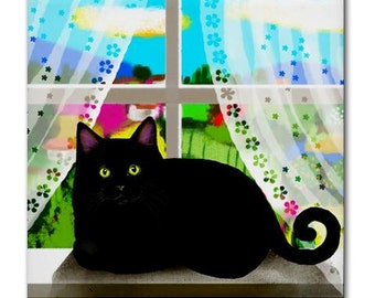BLACK CAT Window Art Ceramic Tile Coaster