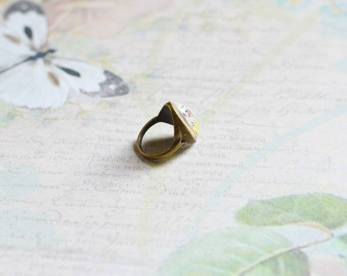 SHABBY CHIC Oval ring of metal brass with the image under glass, Ring size: 6.5 in (USA) / 13,5 (Italy) / 17 (Russia)