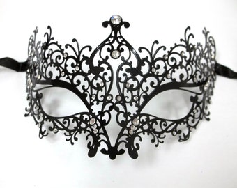 Poison Ivy Masquerade Mardi Gras Metal Filigree Mask in Black with Sparkling Clear Crystals