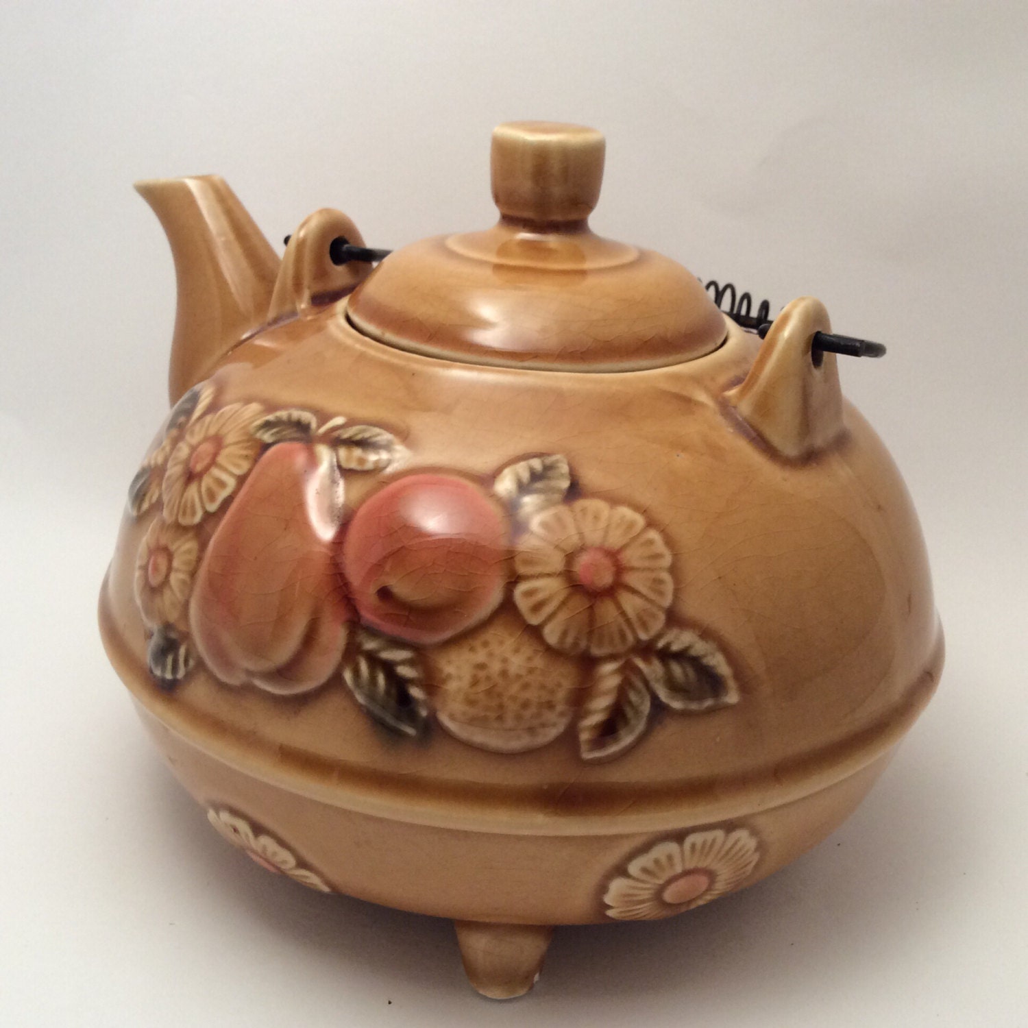 Vintage Porcelain Teapot — Harvest Brown with Fruit and Flowers