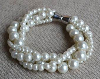 ivory pearl bracelet,four strands strands pearl bracelet,4 size pearls bracelet,bridesmaids bracelet,wedding pearl bracelets