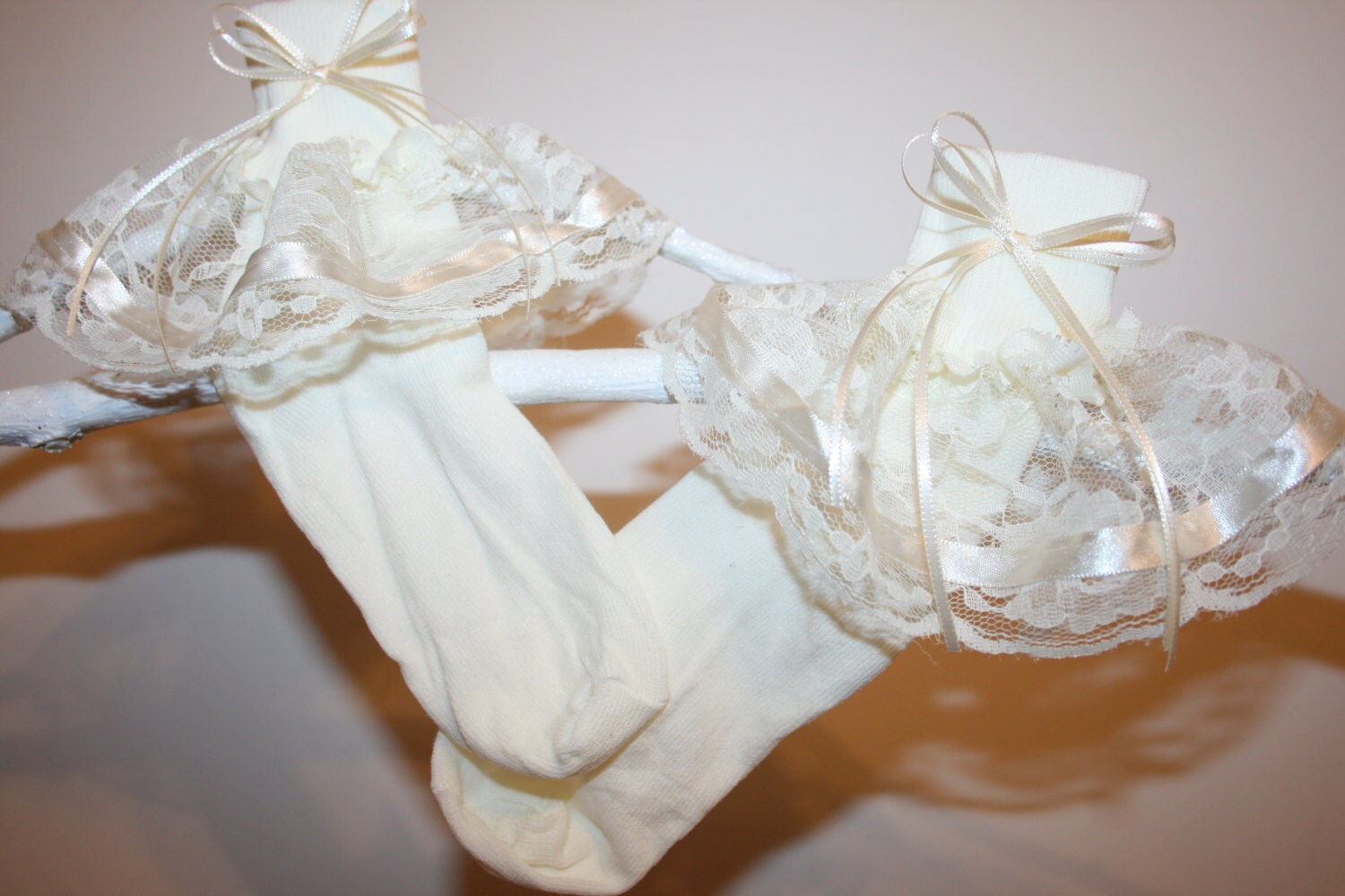 Girls Ivory Nylon & Lace Socks with Ivory Satin Ribbon Bows