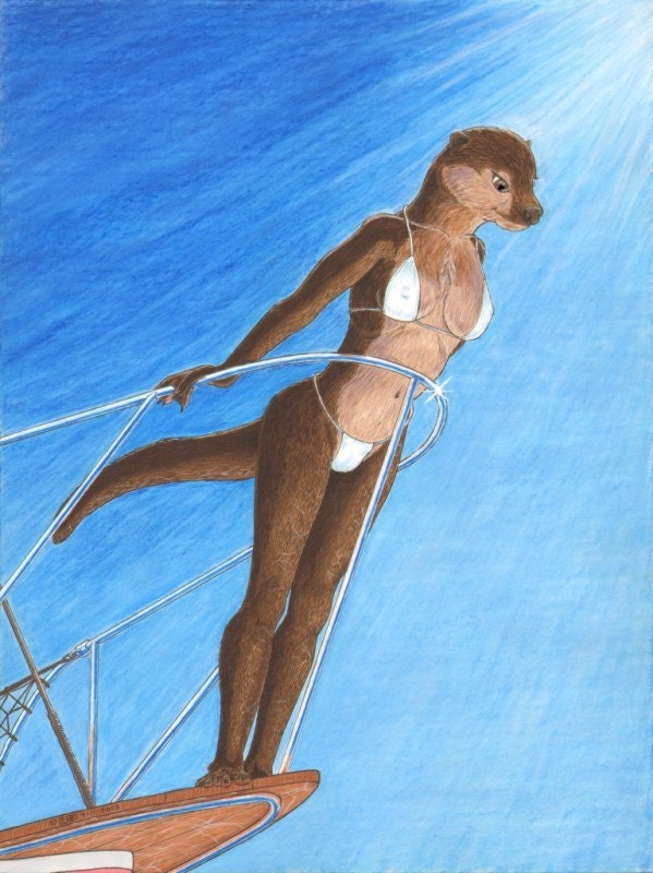 Female Anthro Otter In Sexy Bikini Sailboat Furry Art