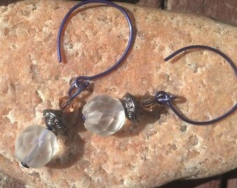 Beaded earrings, purple niobium wires (sensitive ears, nickel allergies). Clear matte crystal bead, crystal & antiqued silver accents. #NIO2