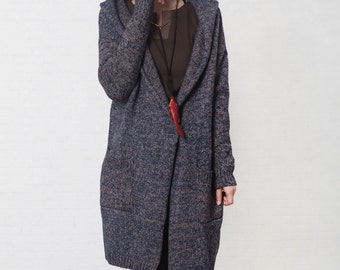 Dark Blue Cotton Sweater Cardigan Knitted Dress Women Autumn Coat Loose ...