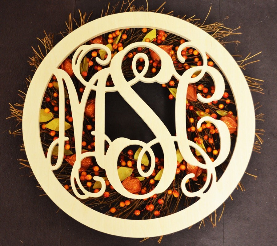 18 inch Wooden Monogram with Border Circle, Wedding Guetbook, Nursery monogram, Wreath