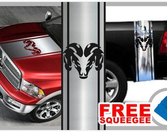 2 Dodge Ram Truck Stripes with CHROME Ram Head by DencorDecals