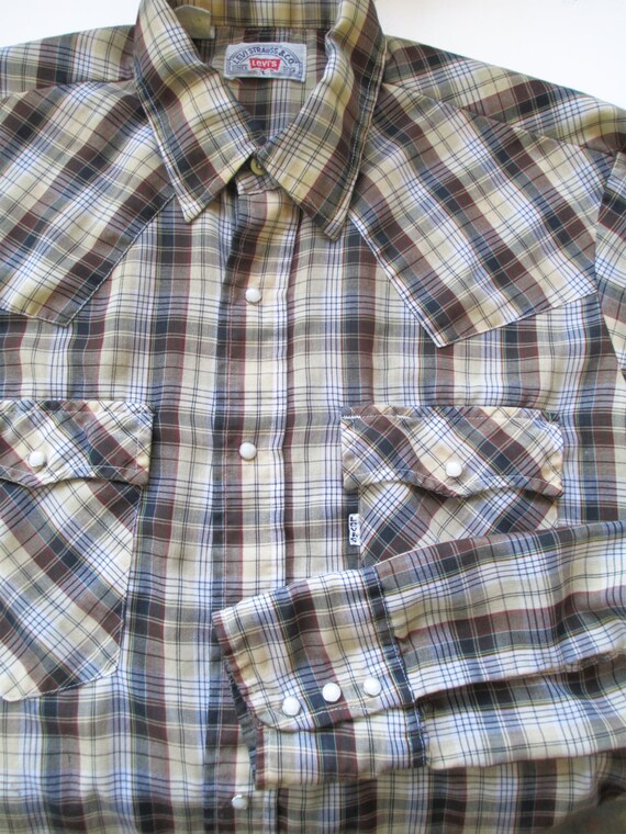 Items similar to 1970s Levis Brown and White Plaid Western Shirt Pearl ...