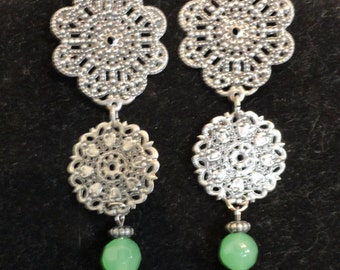 vintage inspired metal and green dangle earrings